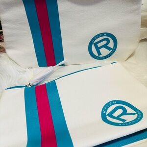 2 x Ralph Lauren White Cosmetic Pouch with Teal Logo 9 x 6 x 3,Price is Firm